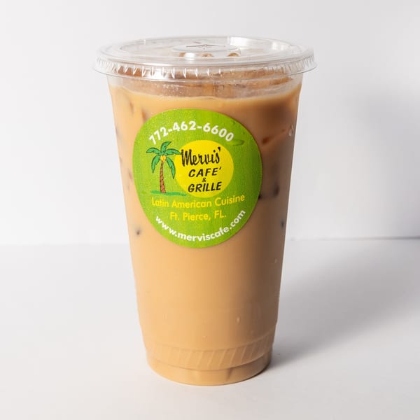 Iced coffee in a clear plastic cup with a green Mervis' Cafe & Grille logo sticker.