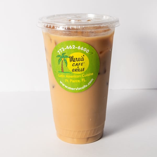 Iced coffee in a clear plastic cup with a Mervis' Cafe & Grille sticker on a white background.